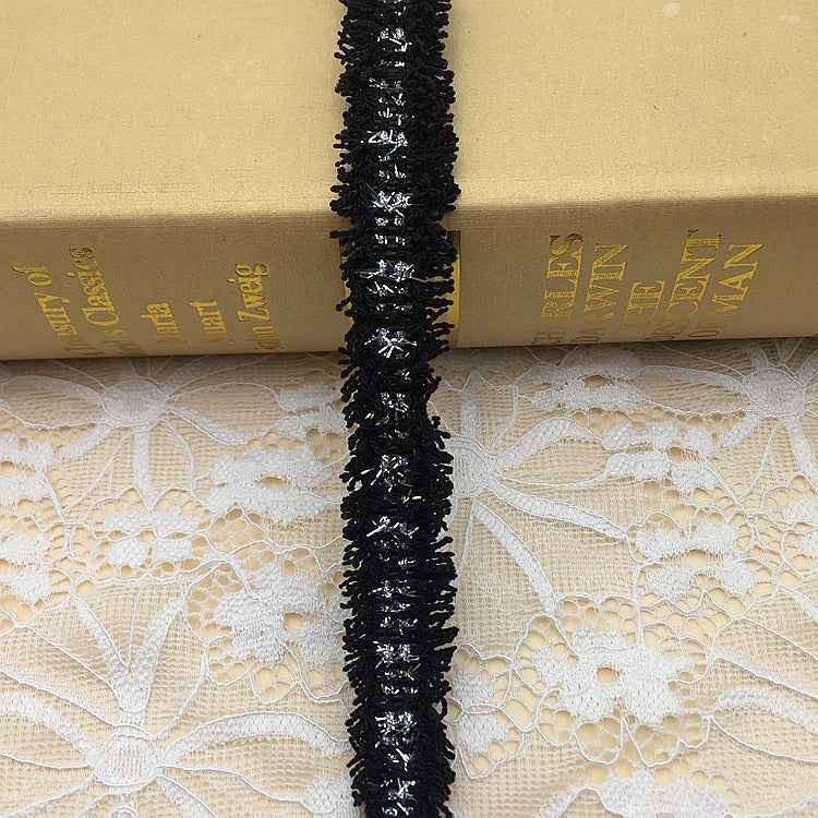 1.5cm metallic fringe trim, black with scattered gold-silver thread specks
