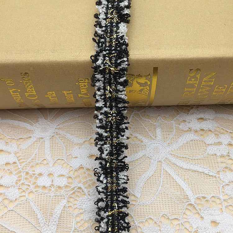 1.5cm metallic fringe trim, black and white with gold-silver woven thread detail