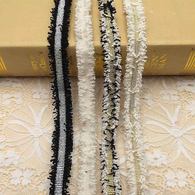 1.5cm metallic fringe trim, black with gold-silver thread detail and white highlights