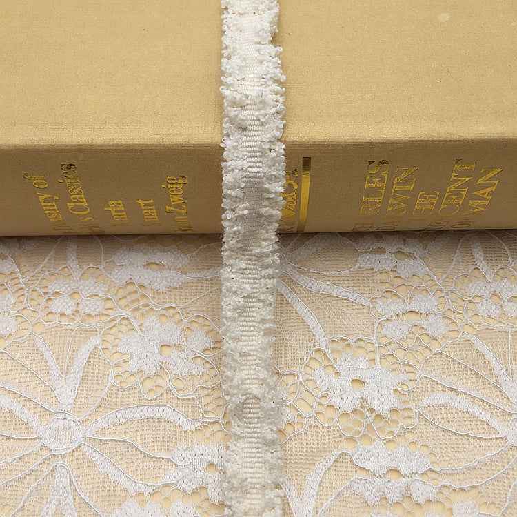 1.5cm metallic fringe trim, white/off-white fringe with silver threads and gold accents