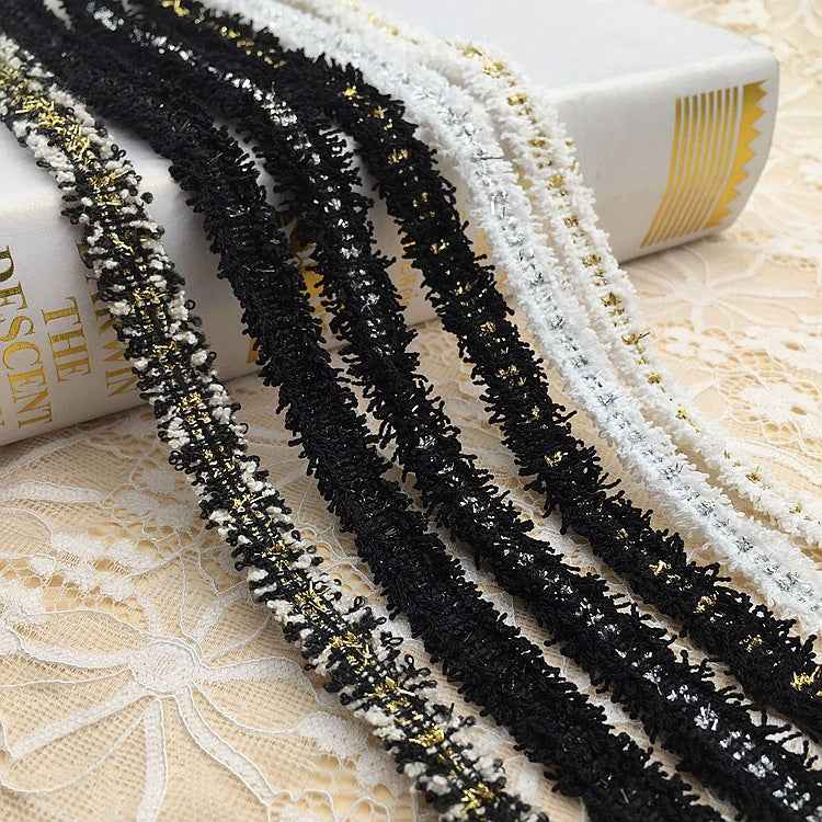 1.5cm metallic fringe trim set: black fringes with white and gold-silver thread accents