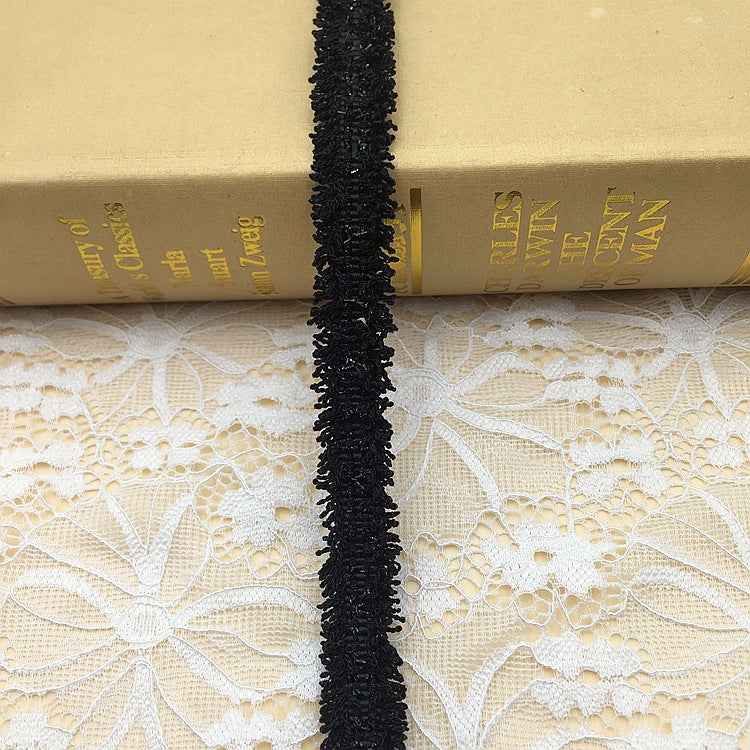 1.5cm metallic fringe trim, solid black with subtle gold-silver thread sparkle