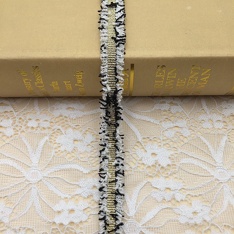 1.5cm metallic fringe trim, black fringe with silver highlights and gold thread stripes