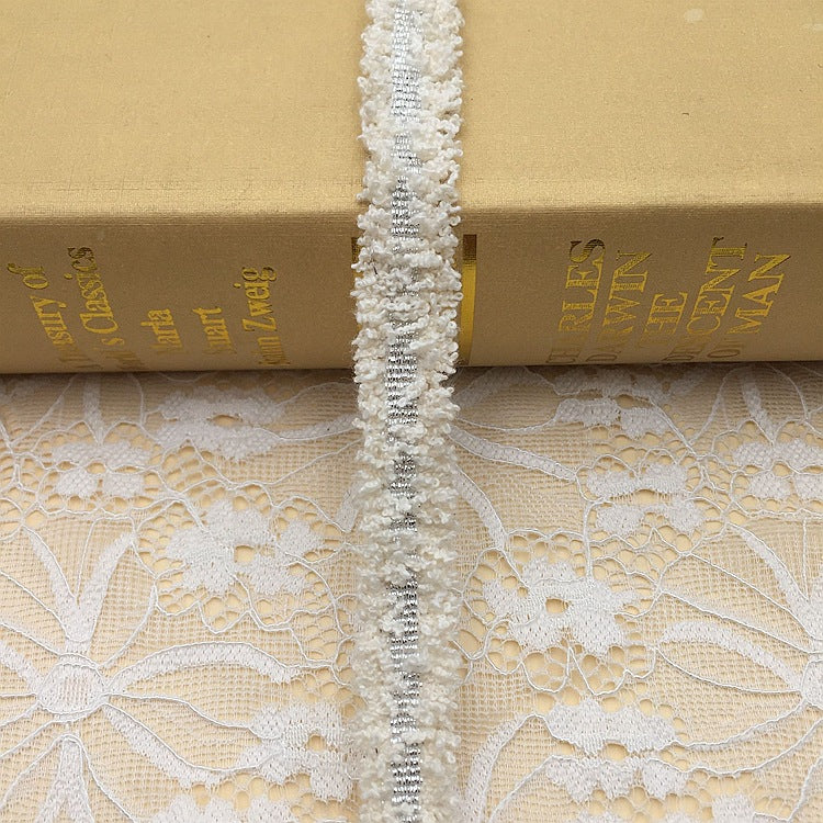 1.5cm metallic fringe trim, bright white fringe with silver metallic threads