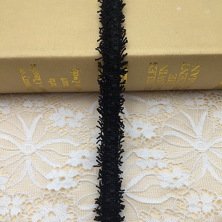 1.5cm metallic fringe trim, deep black fringe with textured metallic edge, 20 yards