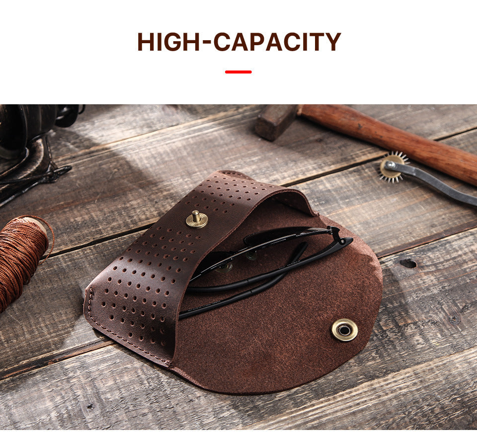 Vintage Leather Glasses Case – Slim Flip-Top Eyewear Storage Sleeve