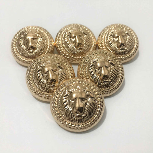 Gold lion head metal shank button set, round with ornate wreath detail