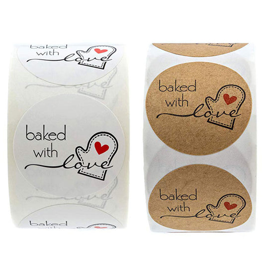 1000pcs Baked with Love Stickers,Round 1 Inch White and Brown Labels