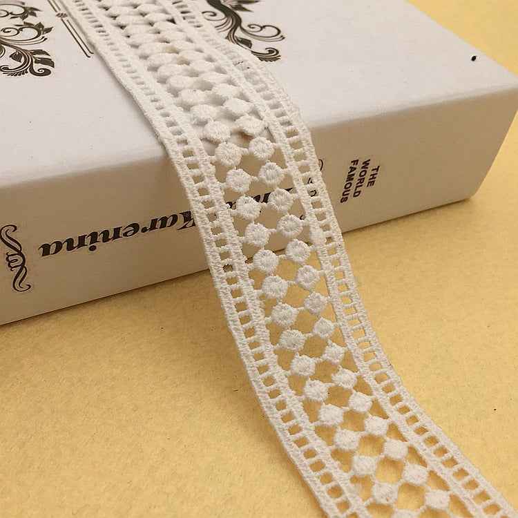 White embroidered lace trim, 4cm, geometric lattice with raised dot rosettes