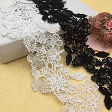 White embroidered lace trim, 9.5 cm wide, floral leaf appliqués and scalloped edges