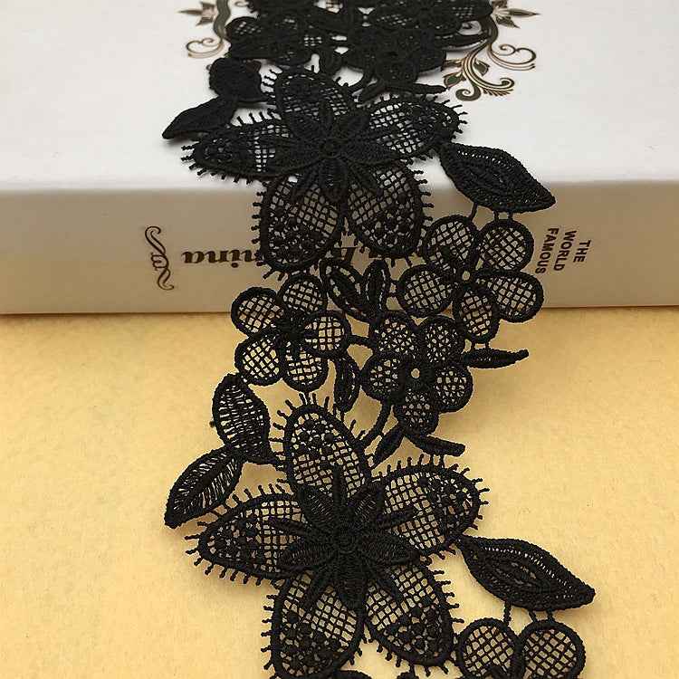 Black lace trim, 9.5 cm wide, detailed floral embroidery with layered leaf accents