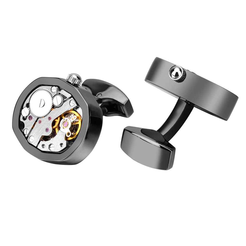 Gunmetal mechanical watch movement cufflinks with dark round dial and angular bar backing