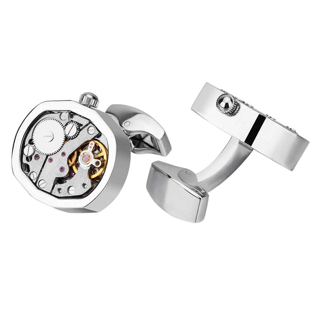 Silver mechanical watch movement cufflinks, round skeleton dial and polished bar backs
