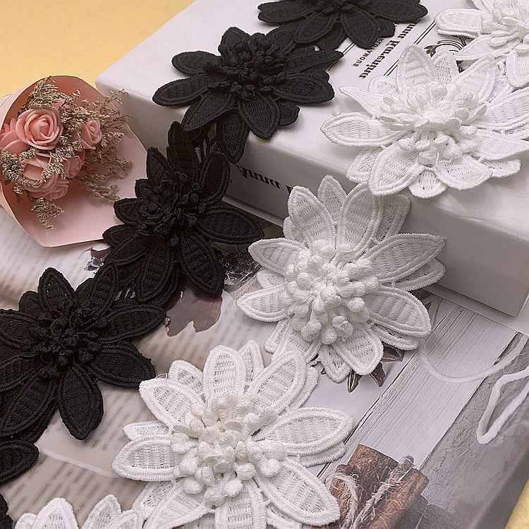 8.5cm water-soluble milk silk 3D floral lace trim with black and white flower appliqués