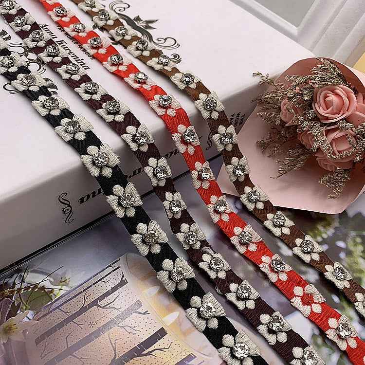 Ethnic jacquard lace trim, 1.5 cm wide, with silver glass beads and flower motifs
