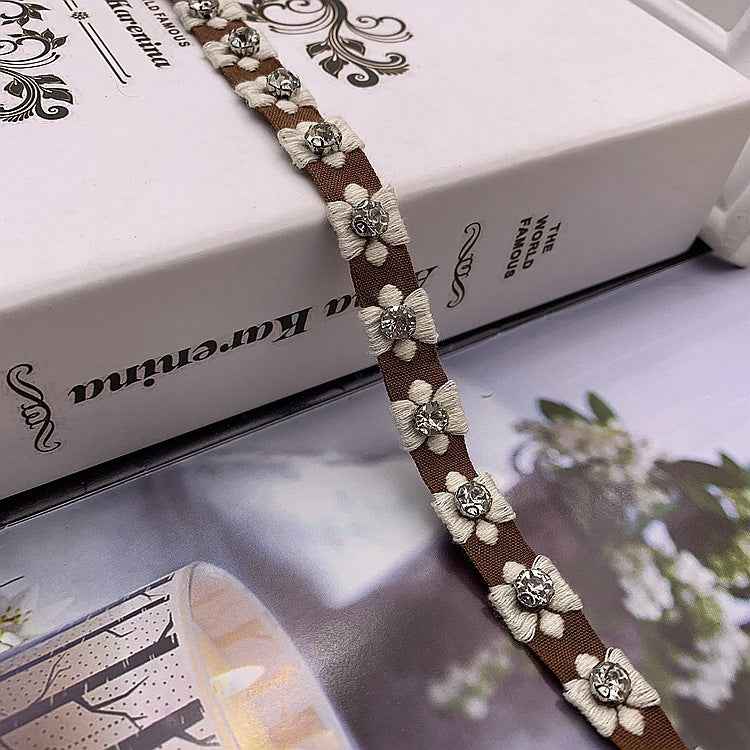 Brown 1.5 cm jacquard lace trim with silver glass bead flower motifs