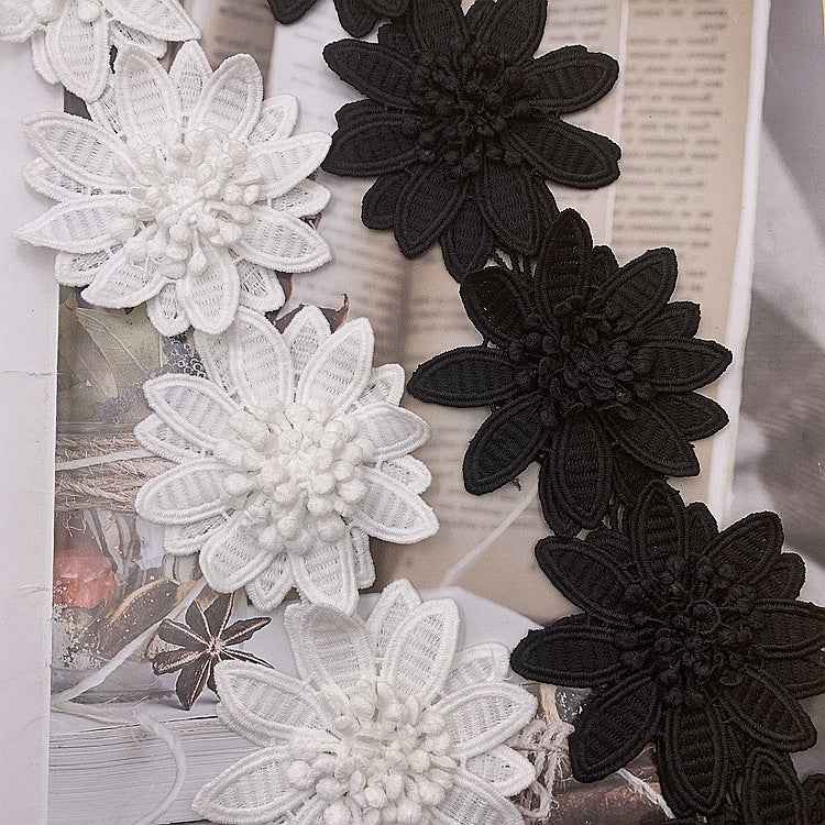 3D floral embroidery lace trim, white and black flower appliqués with raised bead centers