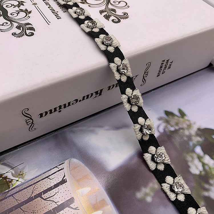 Black 1.5 cm jacquard lace trim with silver glass bead flower motifs
