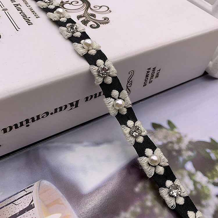 Black jacquard lace trim with glass-bead accents, 1.5 cm wide, floral pearl-like motifs