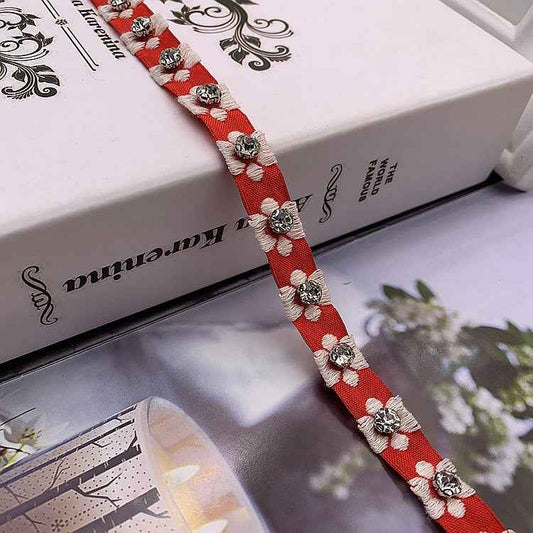 1.5cm Ethnic Jacquard Lace Trim with Glass Beads – 40 Yards Red