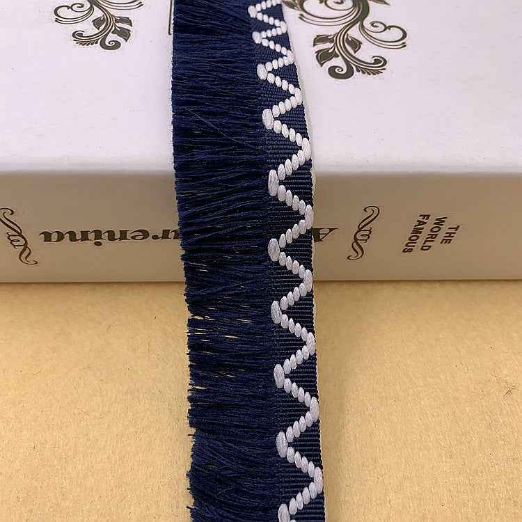 Wavy fringe lace trim, dark blue with white zigzag embroidery, 3 cm wide