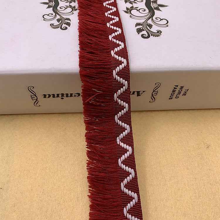 Wavy fringe lace trim, red with white zigzag embroidery, 3 cm wide