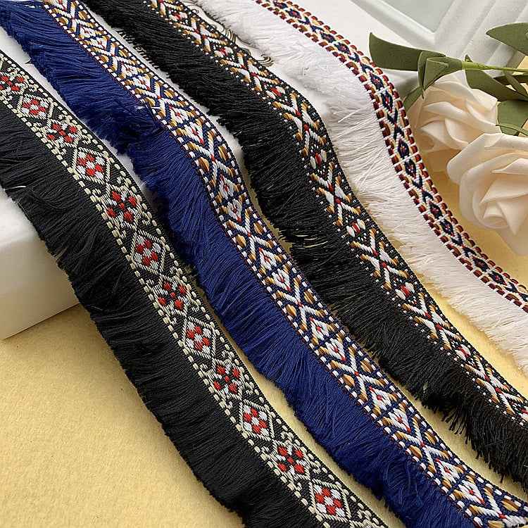 Borte mit Fransen: schwarz-blau gewebtes Jacquard-Muster, mehrfarbige Stickerei, 3,5 cm