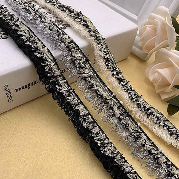 2CM wide black-and-white lace trim with looped fringe, decorative edge