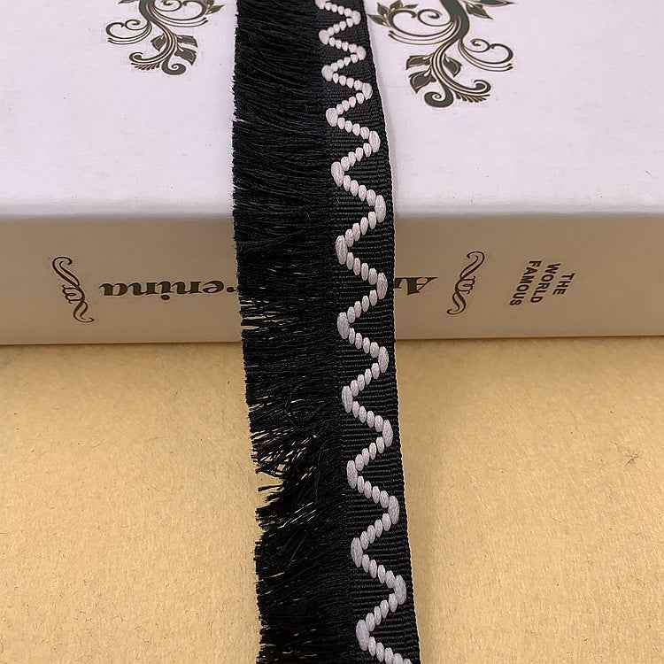 Wavy fringe lace trim, black with white zigzag embroidery, 3 cm wide