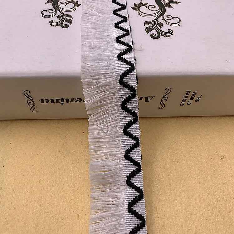 Wavy fringe lace trim, white with black zigzag embroidery, 3 cm wide