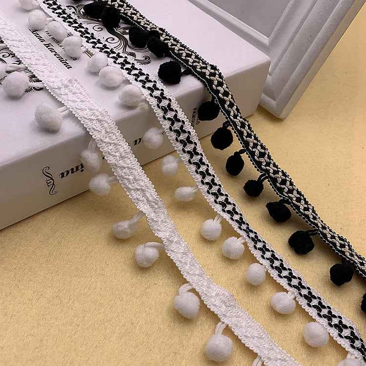 Pom-pom trim bundle: white and black braided edge with small round pom poms