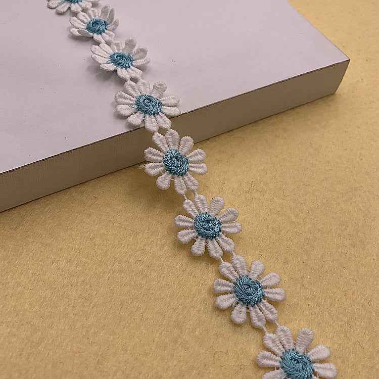 Daisy-petal lace trim in white with blue daisy centers, continuous floral trim
