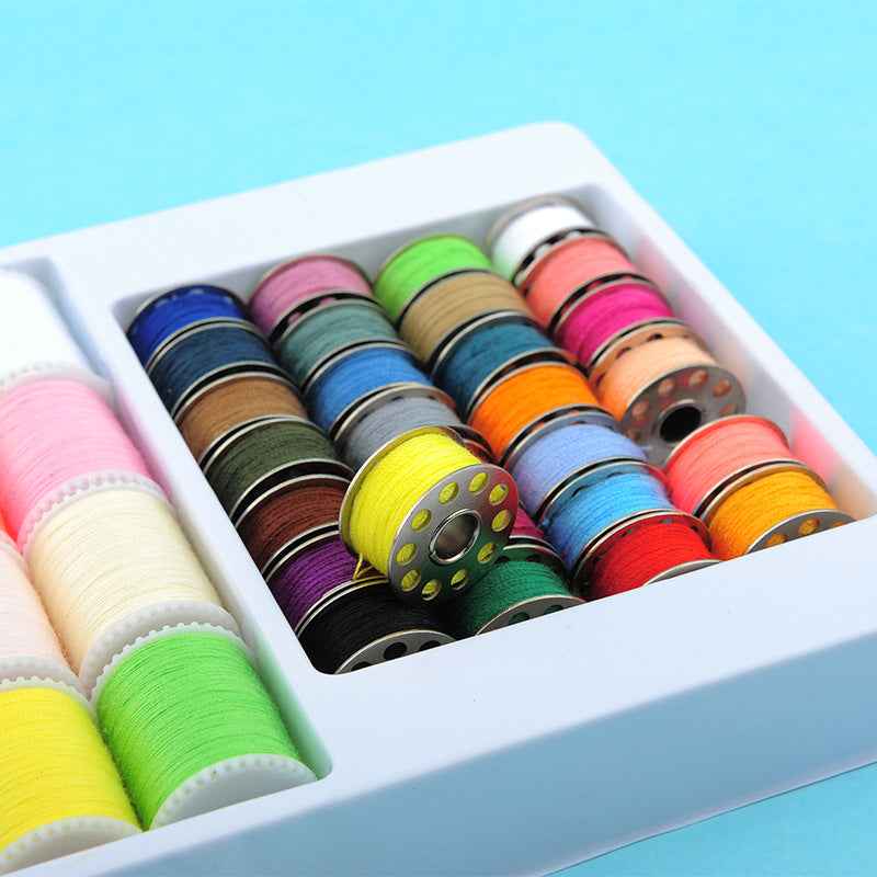 Multicolor sewing thread mini bobbins in open box; stacked spools with reels