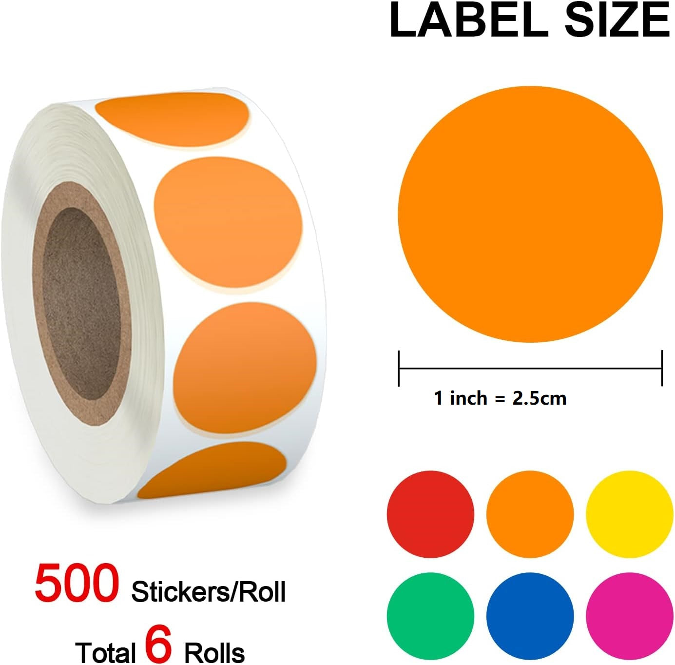 3000pcs 1 inch Dot 6 Rolls Colored Coding Labels