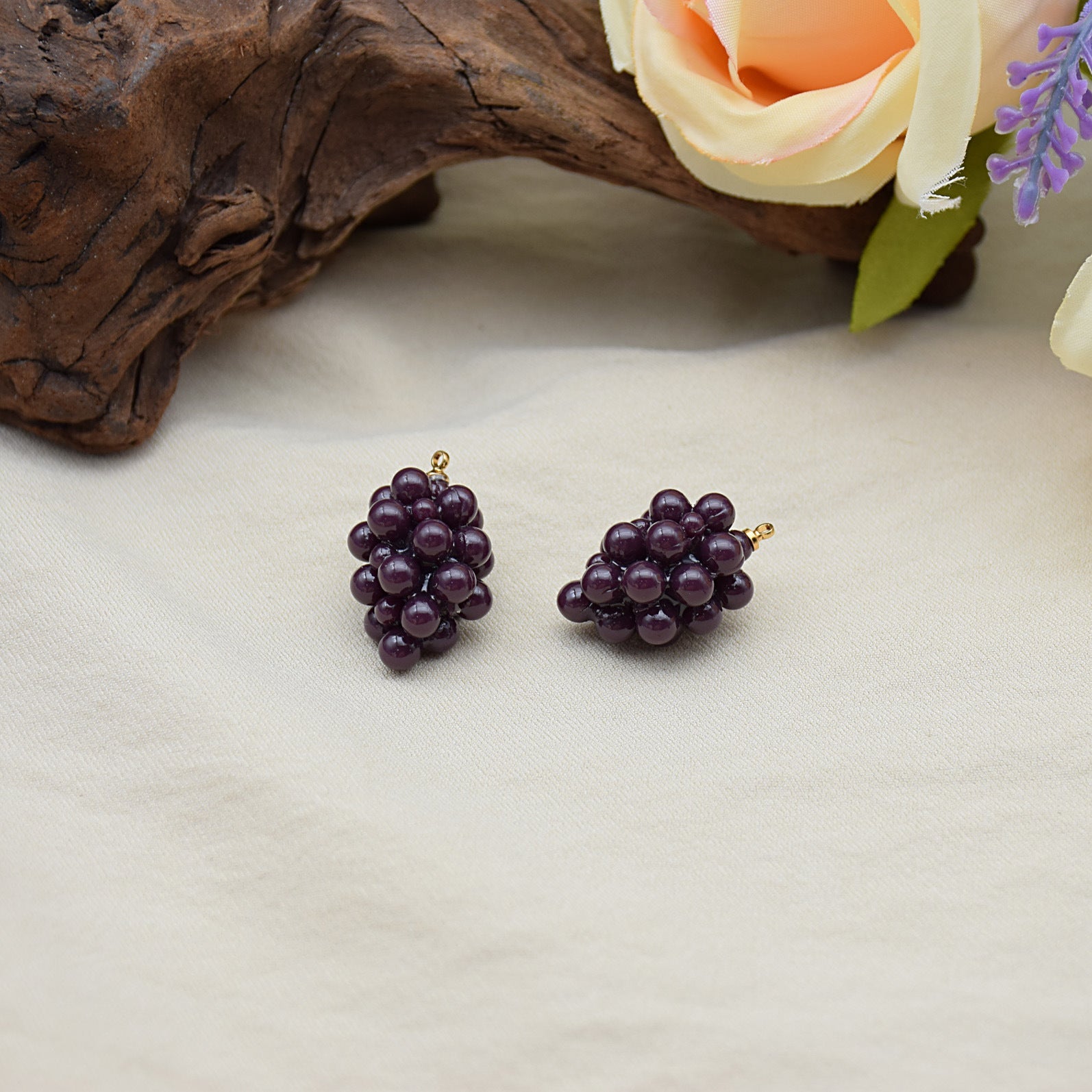 Solid purple 3D resin grape charms, two bead clusters with gold loops for bracelets