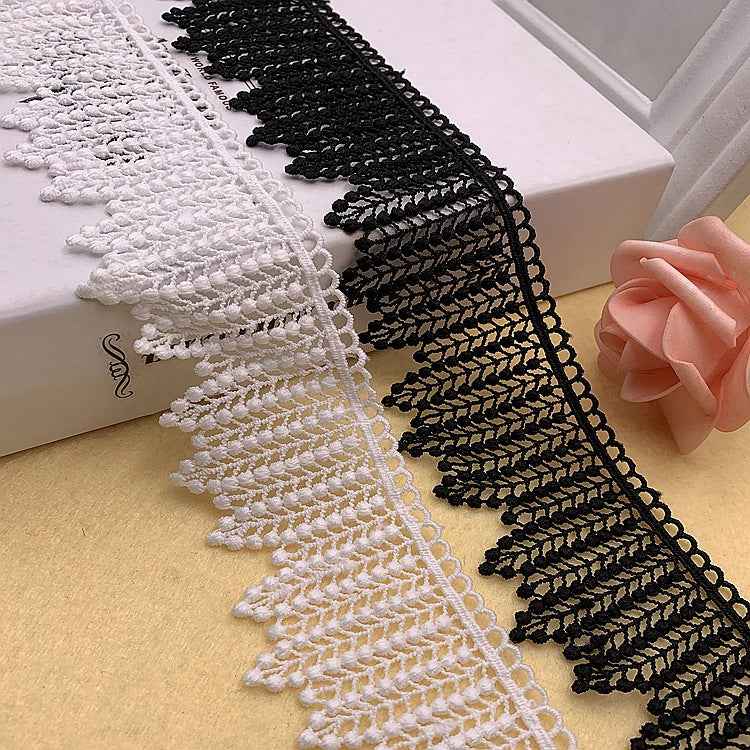 Milk silk leaf embroidery lace trim, 5.5cm, black scalloped edging with textured leaf pattern