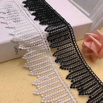 Milk silk leaf embroidery lace trim, 5.5cm, black scalloped edging with textured leaf pattern
