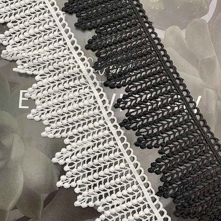 Leaf embroidery lace trim, 5.5cm, white and black scalloped edging with raised dot texture