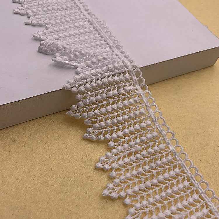 Leaf embroidery lace trim, 5.5cm, white scalloped edging with raised dot leaf embroidery