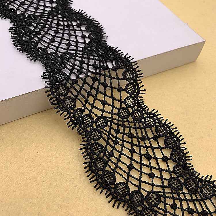 6.5cm milk-fiber wave mesh lace trim, black with scalloped grid edge