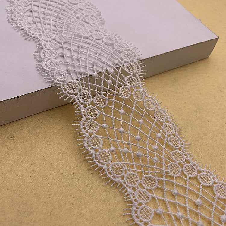 6.5cm milk-fiber wave mesh lace trim, white with scalloped grid edge