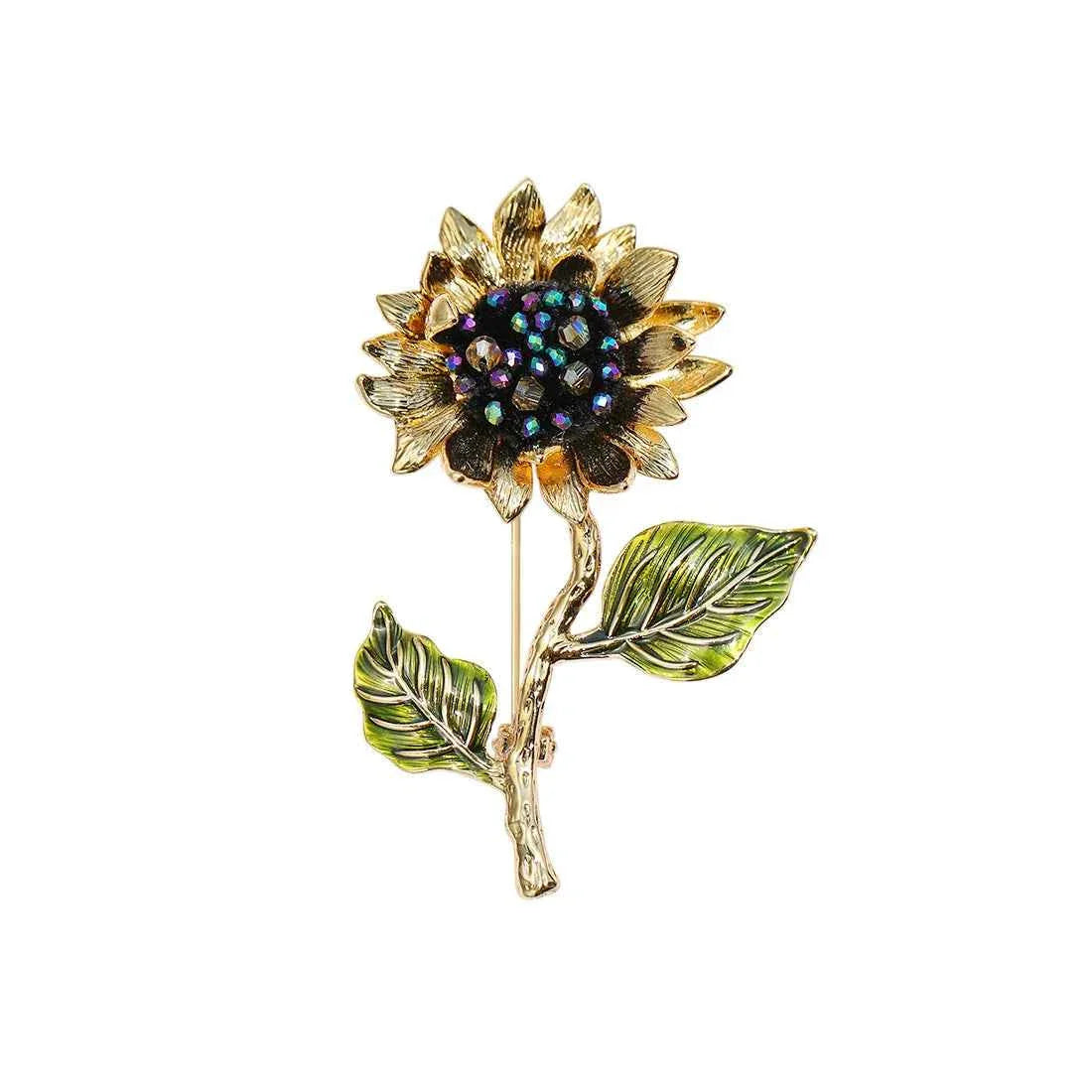 Goldfarbene Vintage-Sonnenblumen-Brosche mit Kristallblüten und grünen Blättern