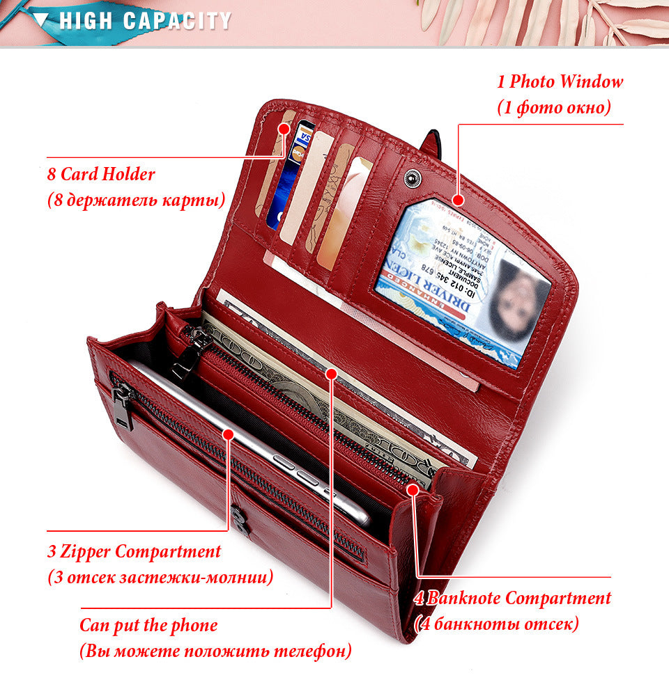 Women's Genuine Leather RFID Wallet – Long Zip Clutch Full Grain Cowhide