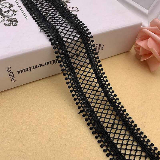 3.5/4.5cm Black White Milk Fiber Embroidered Grid Lace Trim – 10 Yards Black