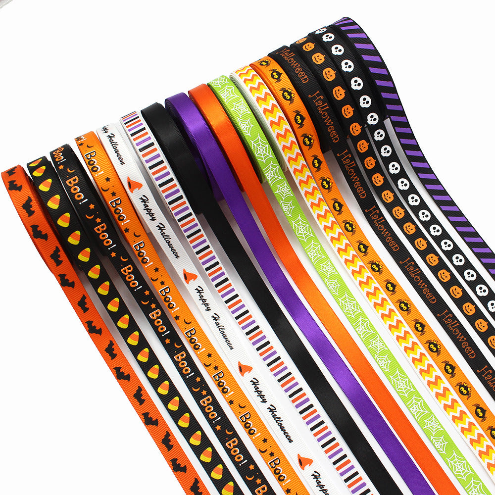 10mm Halloween decor ribbon, multi-pattern prints in 16 colors, stacked rolls