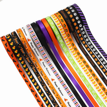 10mm Halloween decor ribbon, multi-pattern prints in 16 colors, stacked rolls