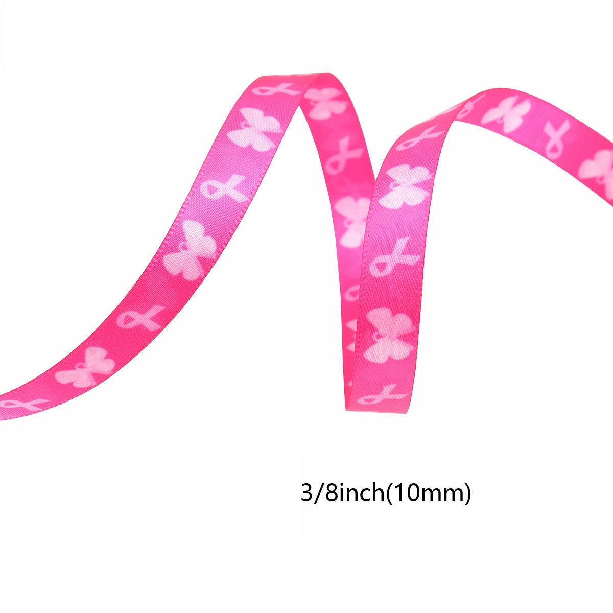 Pink awareness ribbon with cross icons, 3/8 in (10mm) width.