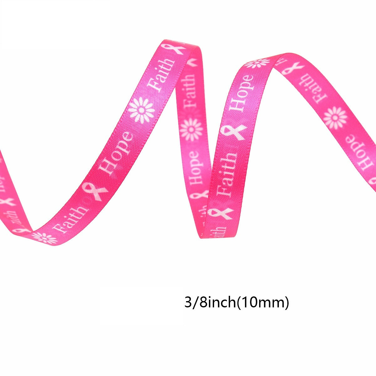 Pink ribbon strips with 'Hope' and 'Faith' text, 3/8 in (10mm) width.