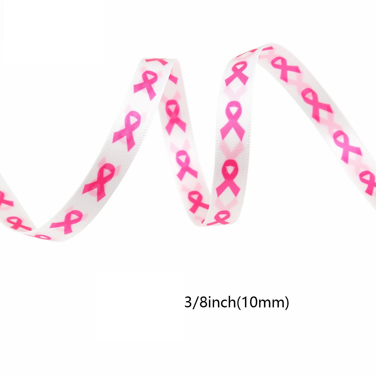 White-and-pink awareness ribbon with cross icons, 3/8 in (10mm) width.