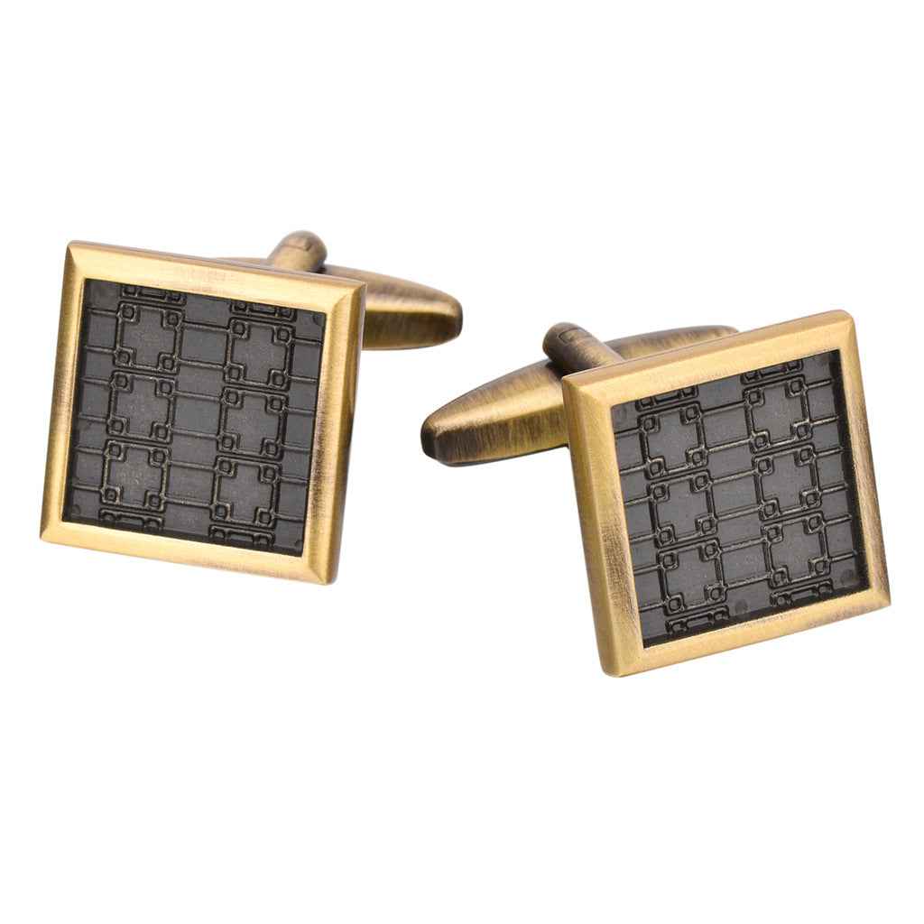 Pair of antique bronze square cufflinks with etched border and dark geometric insert